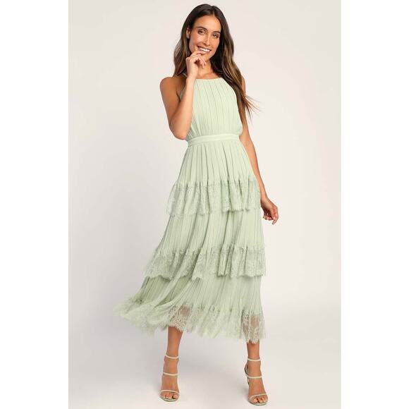 NWT Lulus Came For Cocktails Sage Green Pleated Tiered Lace Maxi Dress Size S - Picture 1 of 8